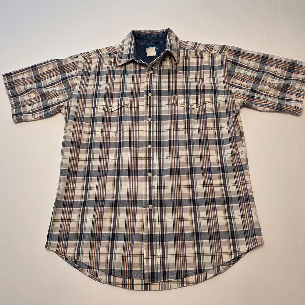 Vintage Wrangler Brushpopper Shirt Men Sz. Medium Plaid Short Sleeve Pearl Snap